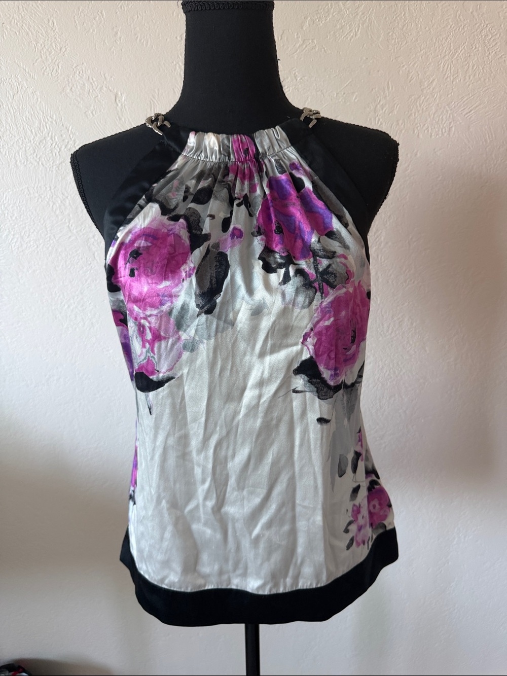 VINTAGE CACHE SILK Floral Halter Satin Tank Top - Pink/Black SIZE XS